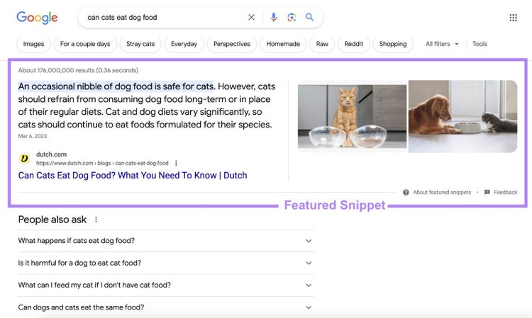 snippet destacado para "can cats eat dog food" en la parte superior de la serp