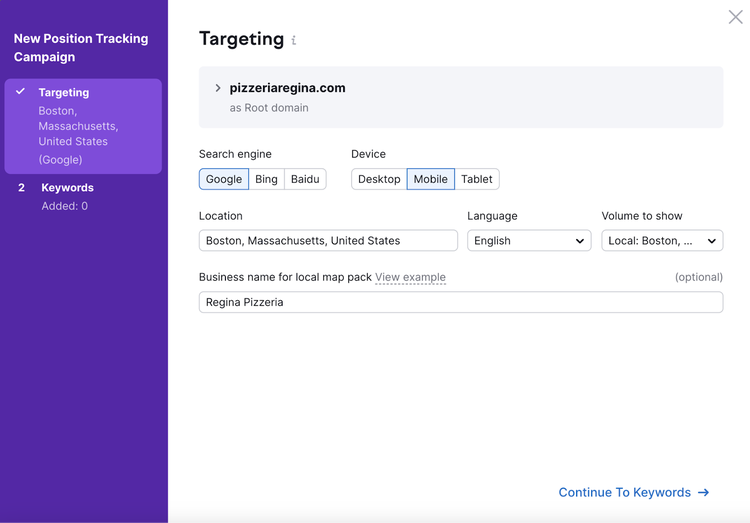 configuración de objetivos para seo local