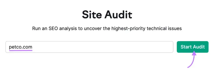 "petco.com" introducido en la herramienta Auditoría del Sitio