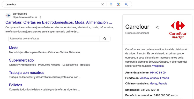 Resultados búsqueda Carrefour con sitelinks tarjeta empresa información