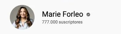 Página YouTube Marie Forleo canal verificado 777.000 suscriptores