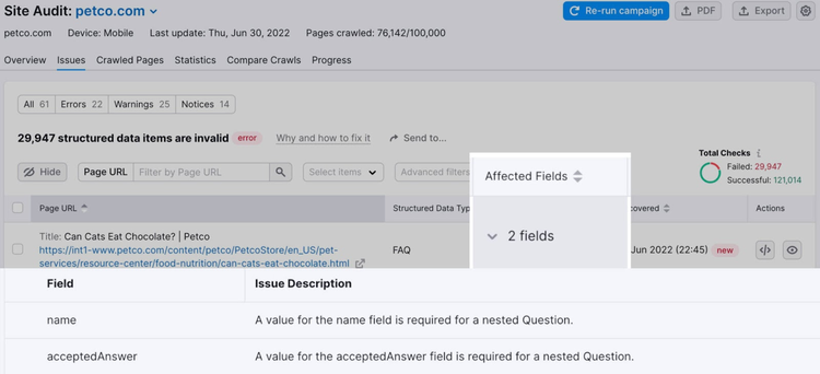 Auditoría Semrush 29947 items datos inválidos error campos requeridos Question
