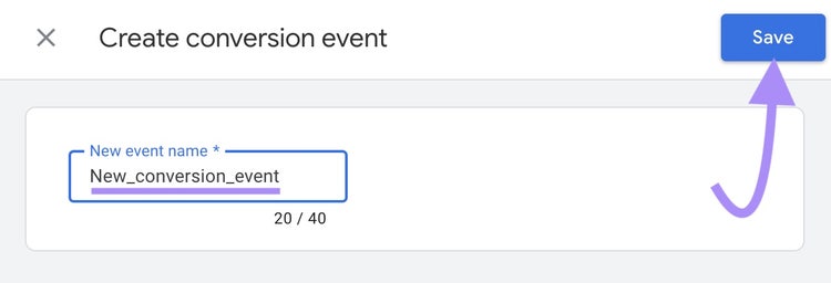 "Nuevo_evento_de_conversión" introducido en "Nombre del nuevo evento"