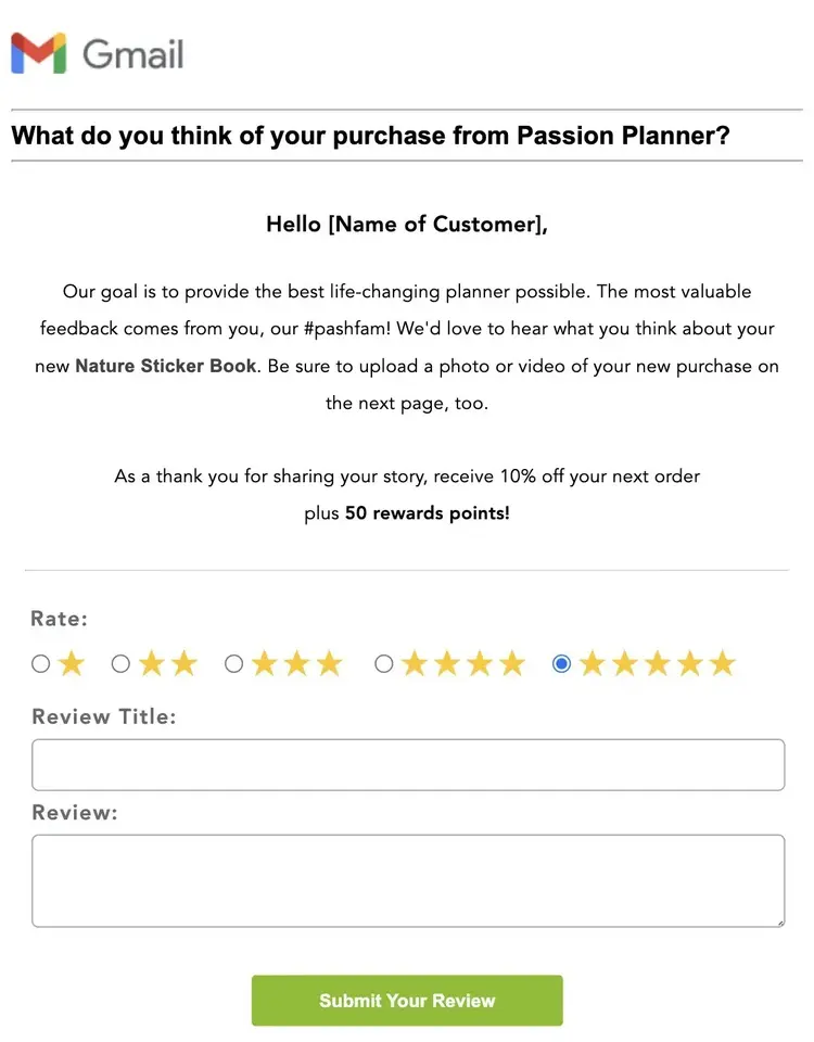 Correo electrónico de Passion Planner pidiendo una opinión del cliente