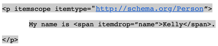 Ejemplo código microdata schema con itemtype Person itemdrop name atributo