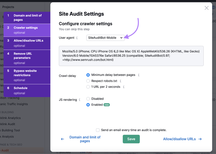 Site Audit settings modal showing user agent selection and JS rendering configuration
