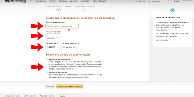 Publicidad en Amazon - Presupuesto, duración y segmentación