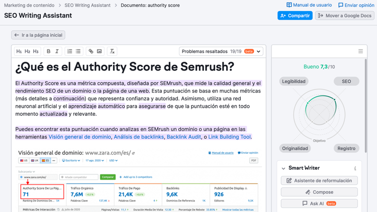 Ejemplo de un artículo en el SEO Writing Assistant de Semrush