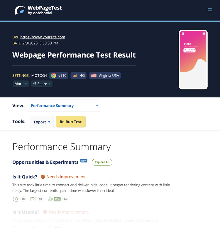 Resultados del test de WebPage Test