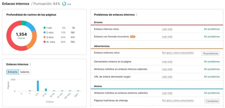Reporte Enlaces internos mostrando 1.354 profundidad rastres con problemas de enlaces categorizados
