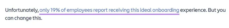 ejemplo de frase que enlaza a una fuente relevante con anchor text "sólo el 19% de los empleados afirman haber recibido este onboarding ideal"