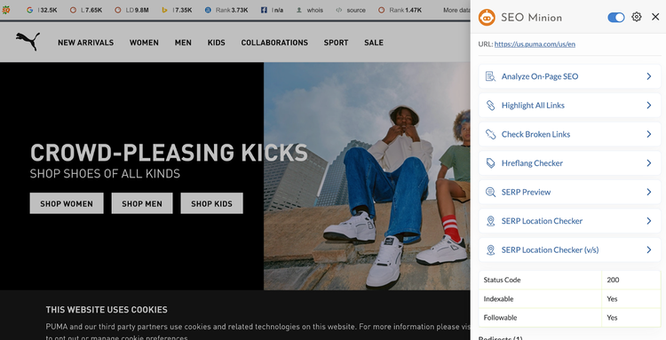 Puma website with the extension data from SEO Minion