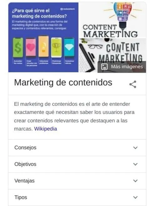Fragmento destacado Google define 'Marketing de contenidos'