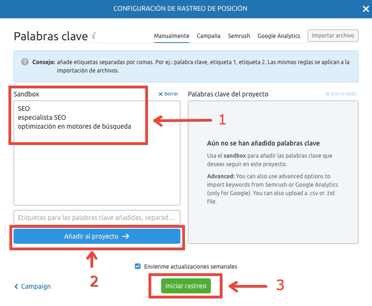 Interfaz configuración palabras clave rastreo posición