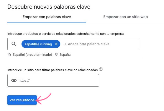 Keyword Planner discover keywords showing 'zapatillas running' filter