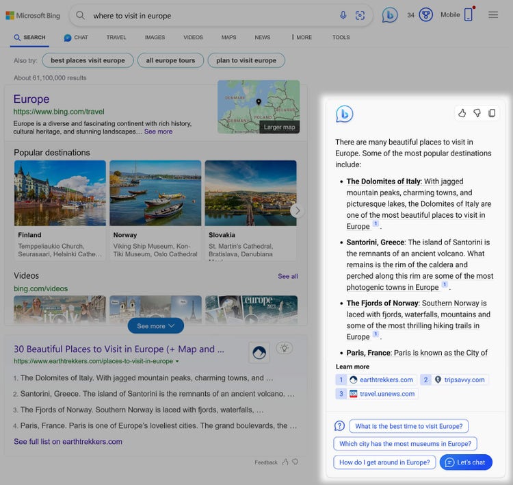 Una ventana de chat con una respuesta generada por IA resaltada en la SERP de Bing