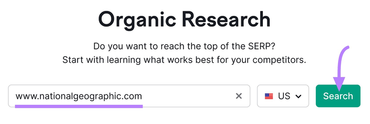 "www.nationalgeographic.com" introducido en la barra de búsqueda de la herramienta de Investigación Orgánica
