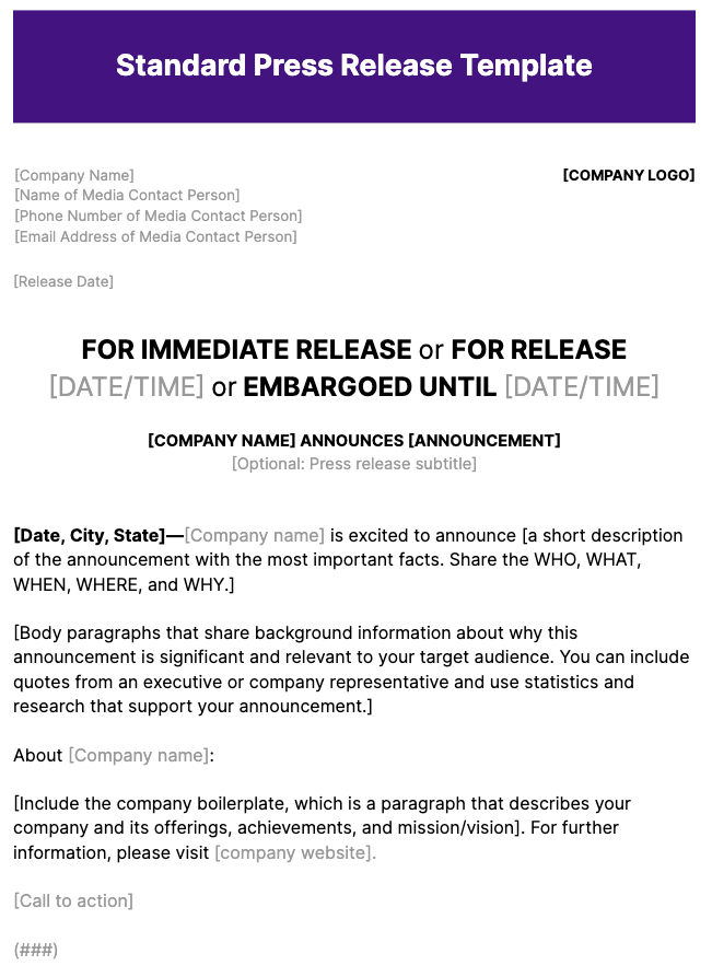 Plantilla estándar de comunicado de prensa