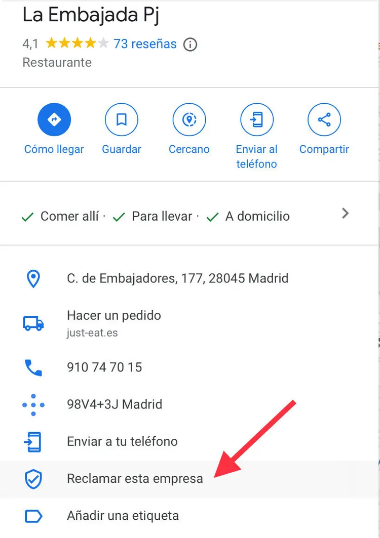 Google Business perfil La Embajada Pj botón 'Reclamar esta empresa'