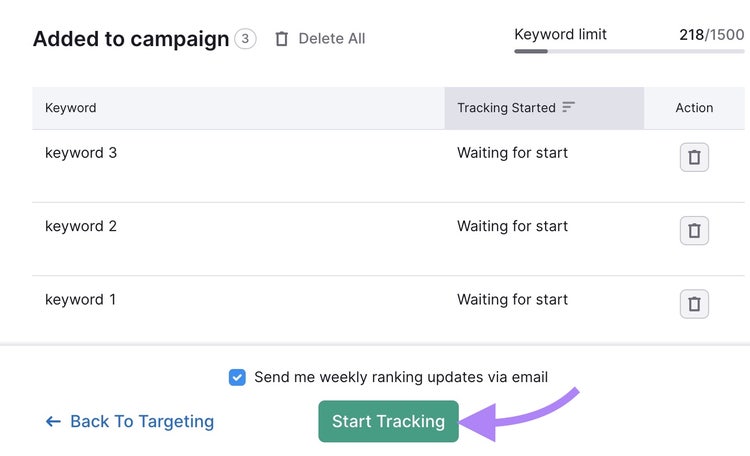 Configuración de "Palabras clave" en la herramienta Seguimiento de posición que muestra las palabras clave agregadas a una campaña y se hizo clic en "Iniciar seguimiento"