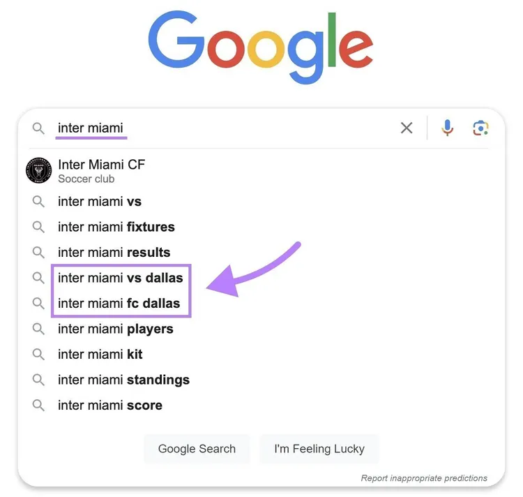 Sugerencias de Google al escribir "Inter Miami" en la barra de búsqueda