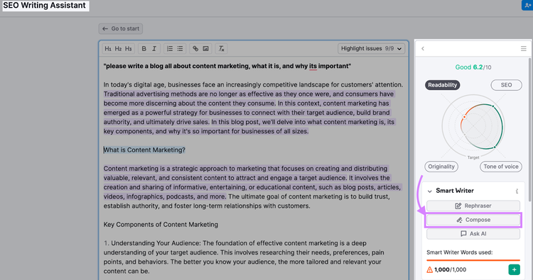 Configuración de SEO Writing Assistant