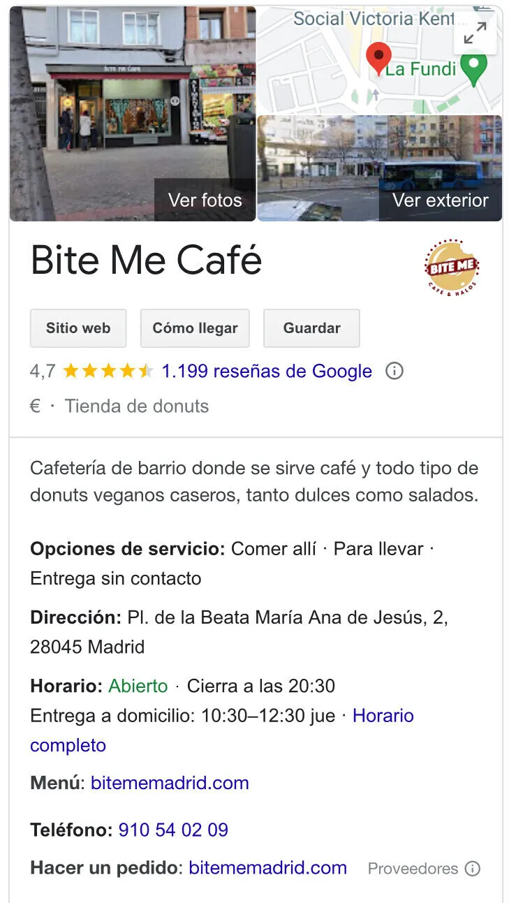 Google Business perfil de Bite Me Café con puntuación y ubicación en Maps