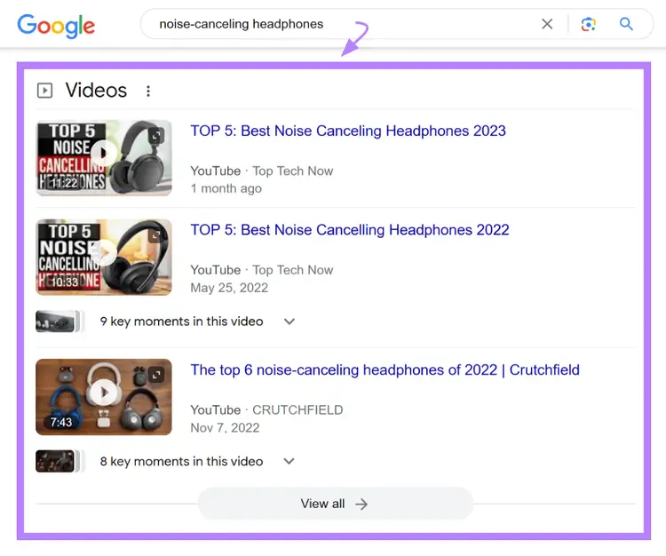 Búsqueda Google vídeo carrusel resultados auriculares cancelación ruido