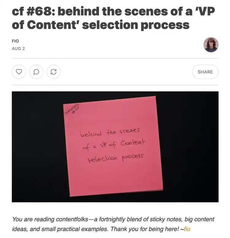 Un boletín titulado: "cf #68: entre bastidores de un proceso de selección de VP de Contenidos"