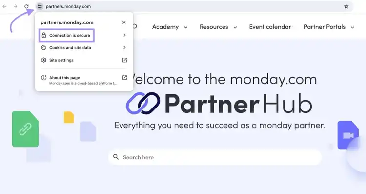 La página "partners.monday.com" muestra el signo de conexión segura en el navegador
