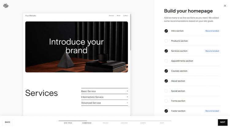 Interfaz del constructor de sitios web Squarespace