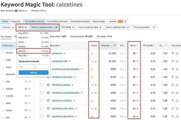 Keyword Magic Tool with difficulty range filter applied to calcetines keywords