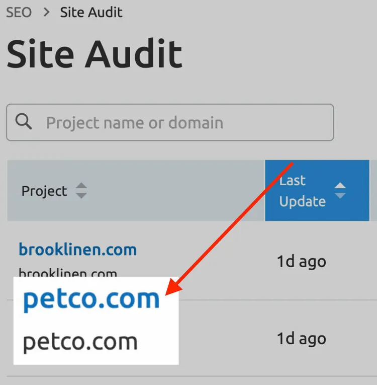 a creado "petco.com" proyecto en la herramienta de Auditoría de Sitios de Semrush
