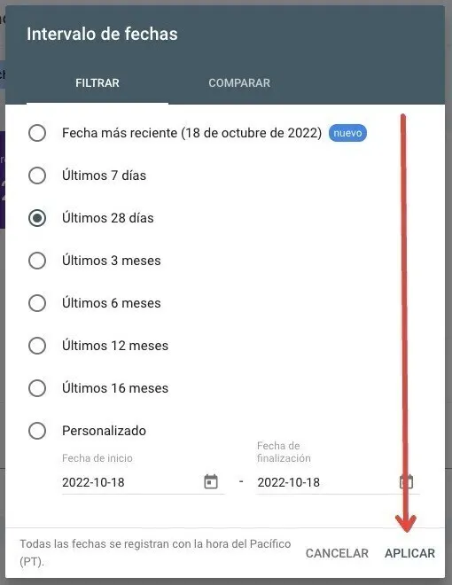 Selector rango fechas Search Console con opción Últimos 28 días seleccionada