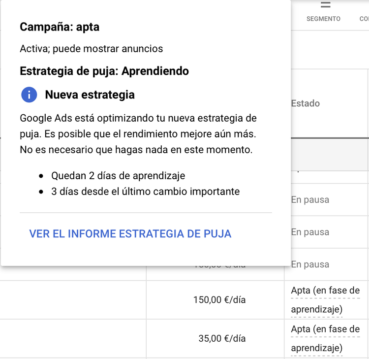 Aprendizaje de Smart Bidding- Campañas de Google Ads