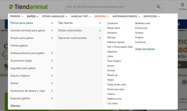 Ejemplo del menú de navegación de Tiendanimal