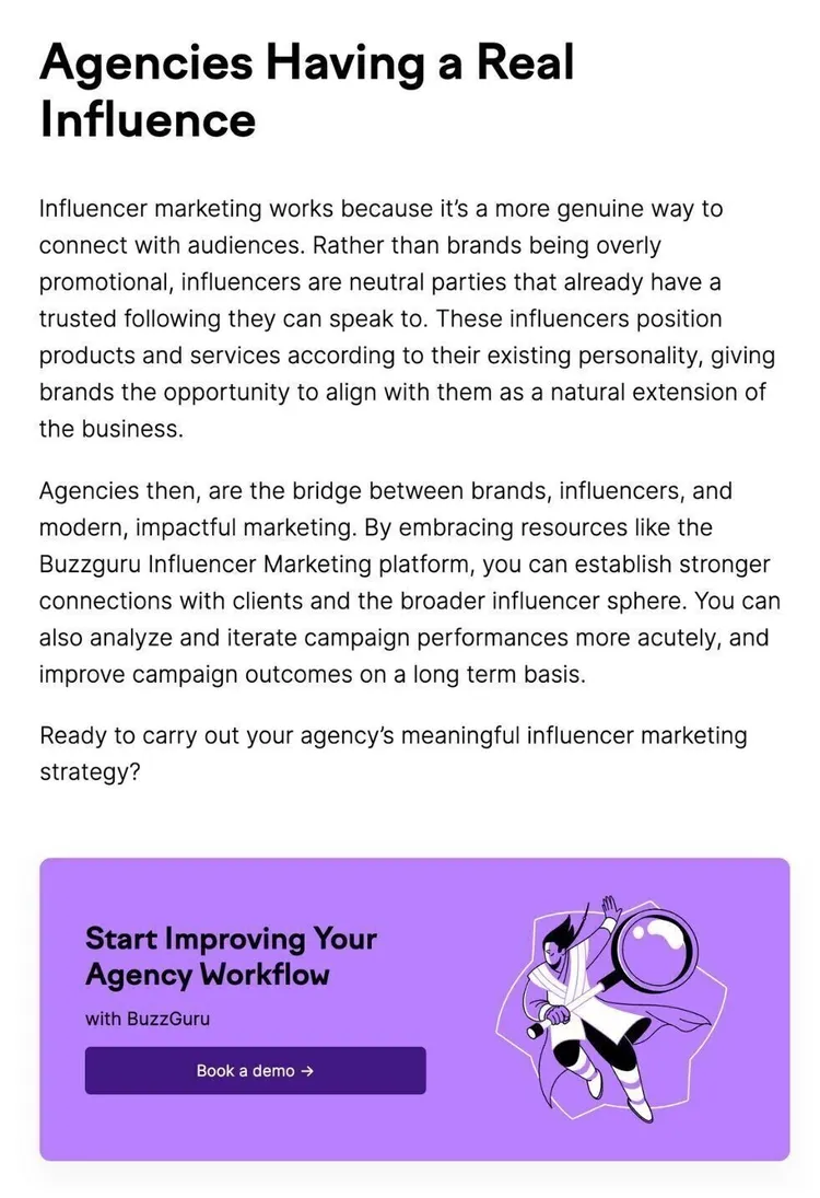 Conclusión del artículo "Agencias con influencia real" incluye un CTA para la herramienta BuzzGuru