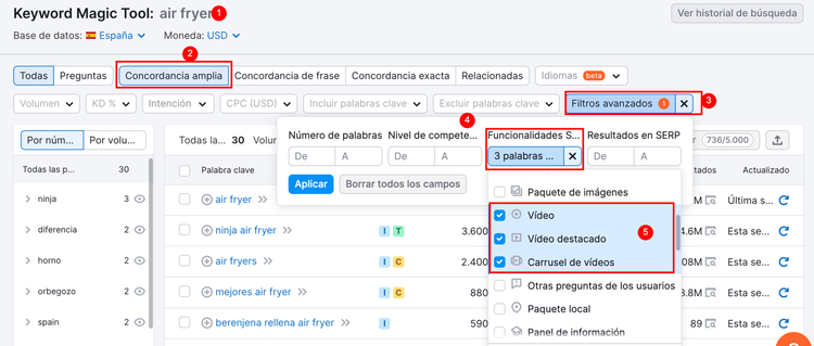 Semrush Keyword Magic Tool: palabras clave air fryer con filtros