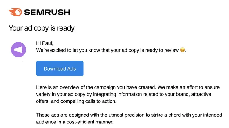 Correo electrónico "Tu texto publicitario está listo" de Semrush