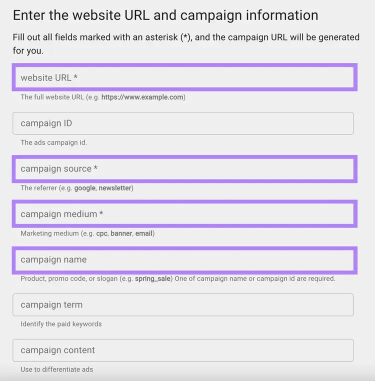 "Página "Introducir la URL del sitio web y la información de la campaña