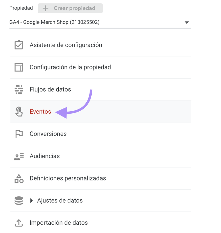 Dentro de la configuración de propiedades en la pantalla, pincha en "Eventos"
