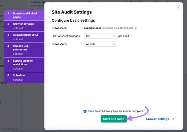 Página de configuración de la auditoría del sitio para seleccionar el alcance del rastreo, la fuente y el número de páginas a comprobar.