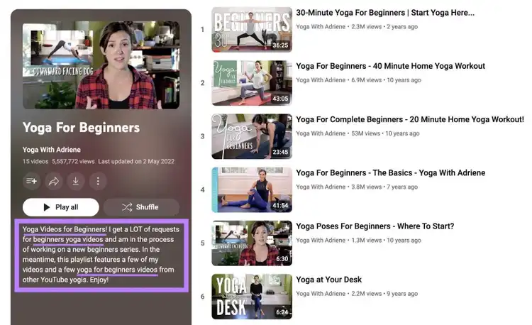 Lista reproducción YouTube yoga principiantes Adriene 15 vídeos suscriptores
