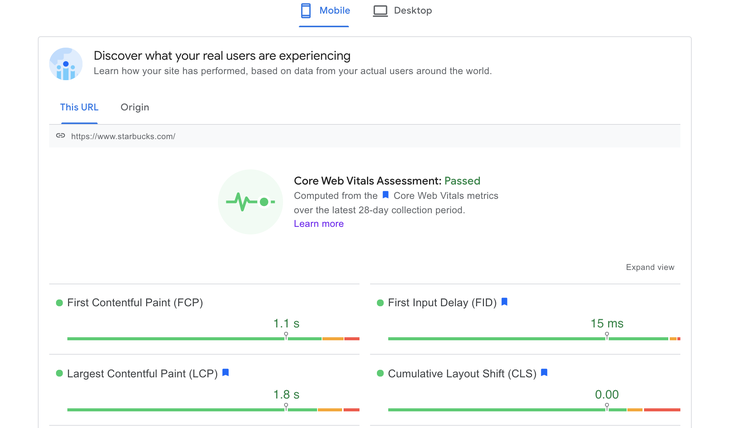 PageSpeed Insights: Core Web Vitals Passed con métricas
