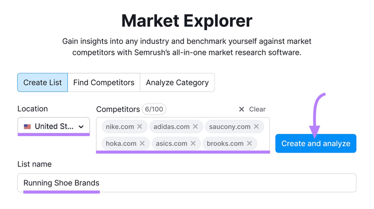 Búsqueda en la herramienta Explorador de Mercado con los competidores introducidos