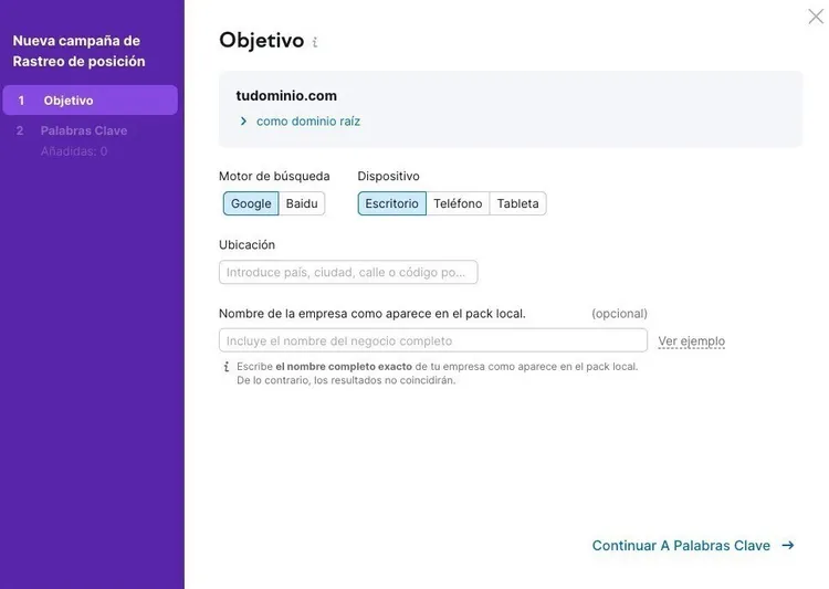 Modal objetivo seguimiento de posiciones con configuración dominio España