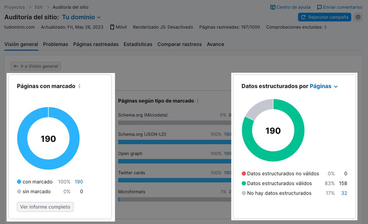 Datos estructurados no válidos en Auditoría del sitio de Semrush