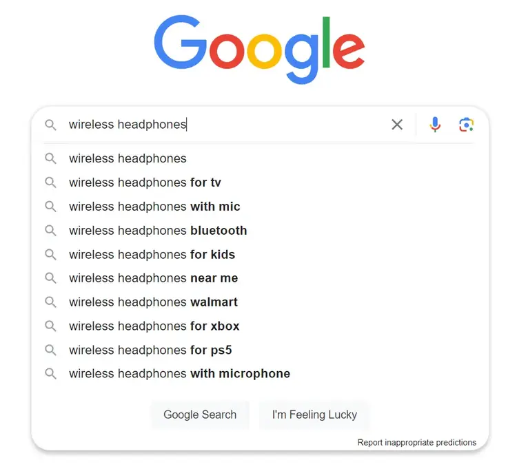 Sugerencias de Google al escribir "auriculares inalámbricos" en la barra de búsqueda