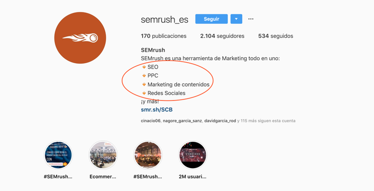 Bios para perfiles de redes sociales - Caso SEMrush