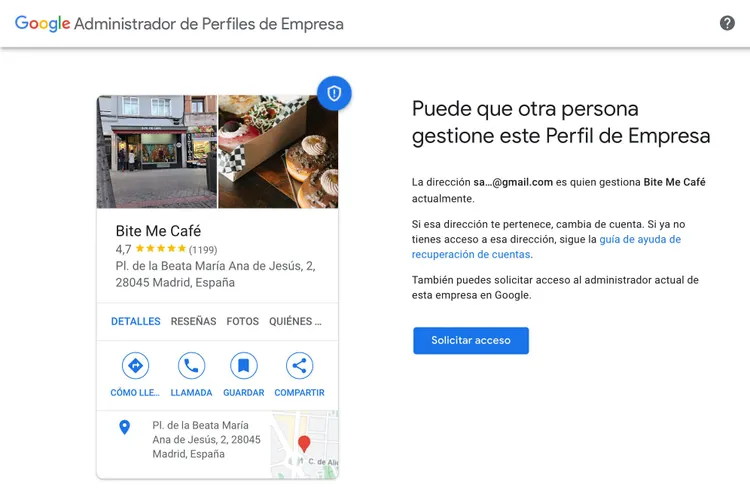 Google mensaje otra persona gestiona Bite Me Café solicitar acceso